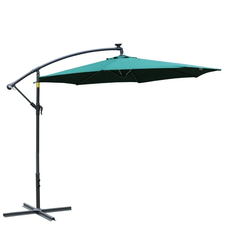 Outsunny 3m LED Patio Banana Umbrella Cantilever Parasol With Crank Cross Base - Green - 84D-066GN