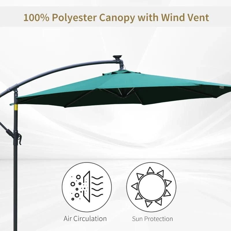 Outsunny 3m LED Patio Banana Umbrella Cantilever Parasol With Crank Cross Base - Green - 84D-066GN - Image 8