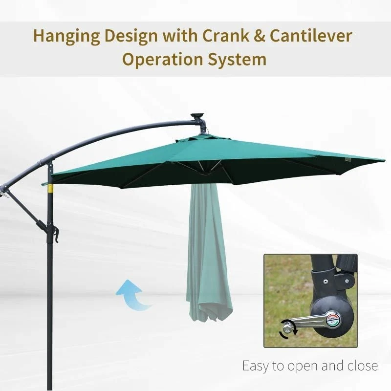 Outsunny 3m LED Patio Banana Umbrella Cantilever Parasol With Crank Cross Base - Green - 84D-066GN - Image 7