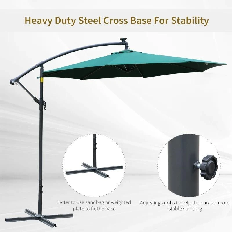 Outsunny 3m LED Patio Banana Umbrella Cantilever Parasol With Crank Cross Base - Green - 84D-066GN - Image 6