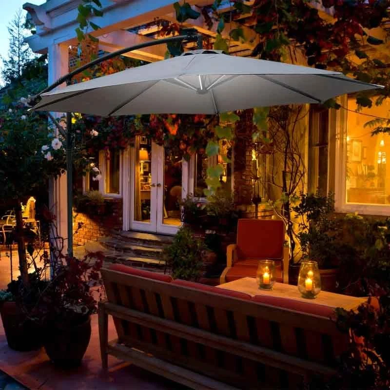 Outsunny 2.95m LED Patio Banana Umbrella Cantilever Parasol With Crank Cross Base - Grey - 84D-066GY - Image 2