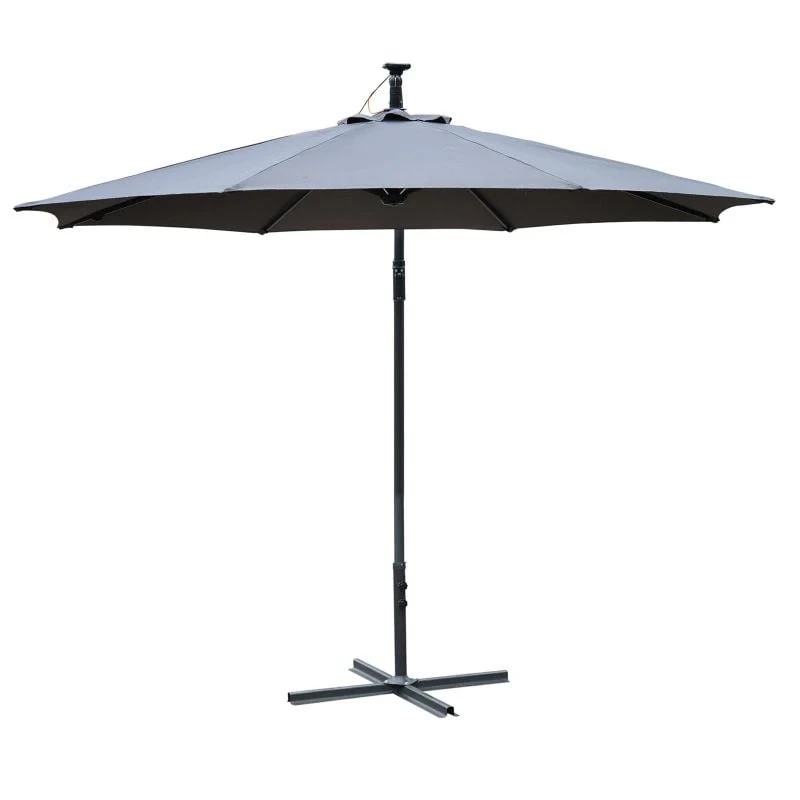 Outsunny 2.95m LED Patio Banana Umbrella Cantilever Parasol With Crank Cross Base - Grey - 84D-066GY - Image 3