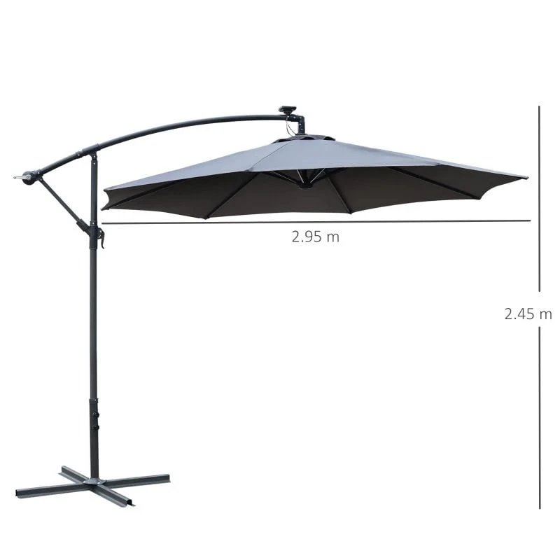 Outsunny 2.95m LED Patio Banana Umbrella Cantilever Parasol With Crank Cross Base - Grey - 84D-066GY - Image 10