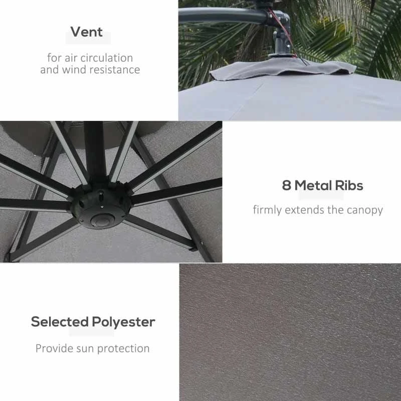 Outsunny 2.95m LED Patio Banana Umbrella Cantilever Parasol With Crank Cross Base - Grey - 84D-066GY - Image 9