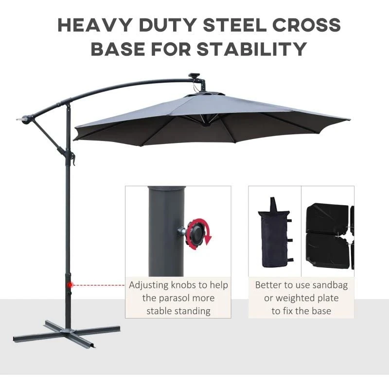 Outsunny 2.95m LED Patio Banana Umbrella Cantilever Parasol With Crank Cross Base - Grey - 84D-066GY - Image 7