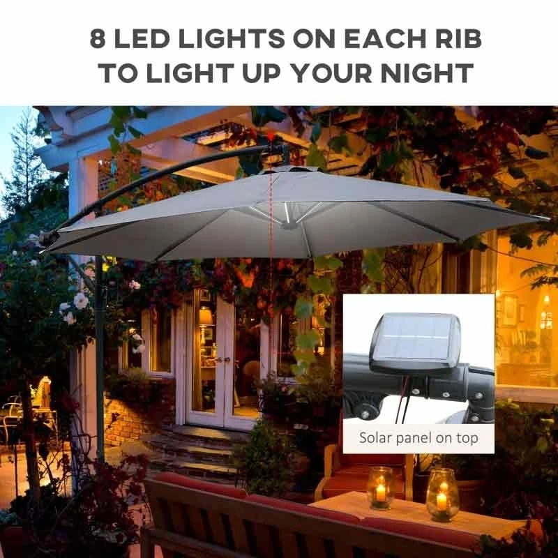 Outsunny 2.95m LED Patio Banana Umbrella Cantilever Parasol With Crank Cross Base - Grey - 84D-066GY - Image 6