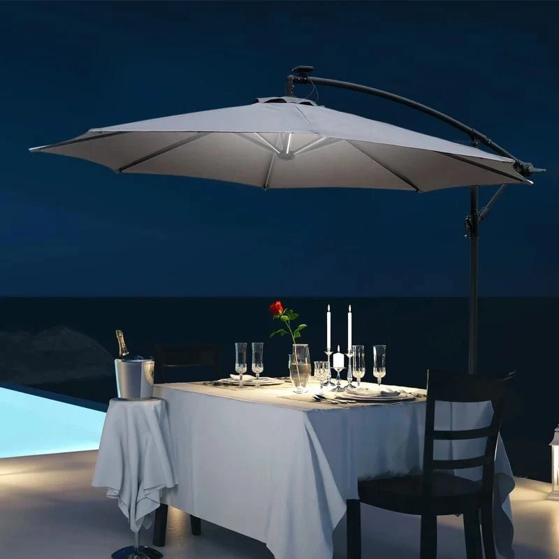 Outsunny 2.95m LED Patio Banana Umbrella Cantilever Parasol With Crank Cross Base - Grey - 84D-066GY