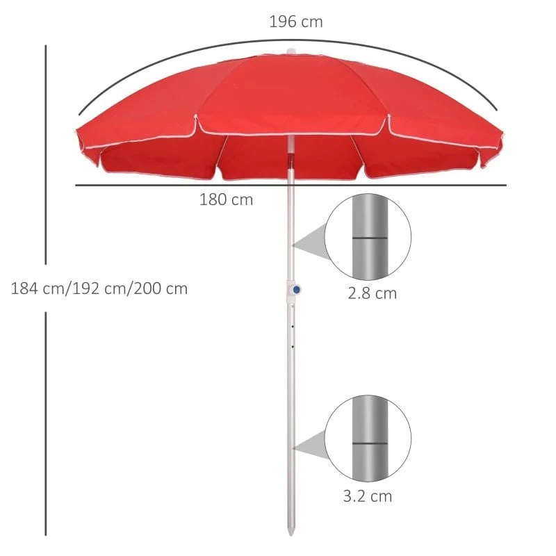 Outsunny 1.9m Beach Umbrella With Adjustable Angle Pointed Design Carry Bag - Red - 84D-092RD - Image 10