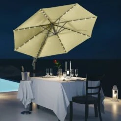 Outsunny 3m LED Cantilever Parasol Garden Sun Umbrella With Base And Solar Lights - Beige - 84D-099BG