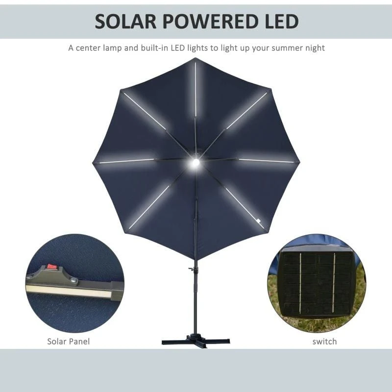Outsunny 3m LED Cantilever Parasol With Base And Solar Lights - Blue - 84D-104NU - Image 8