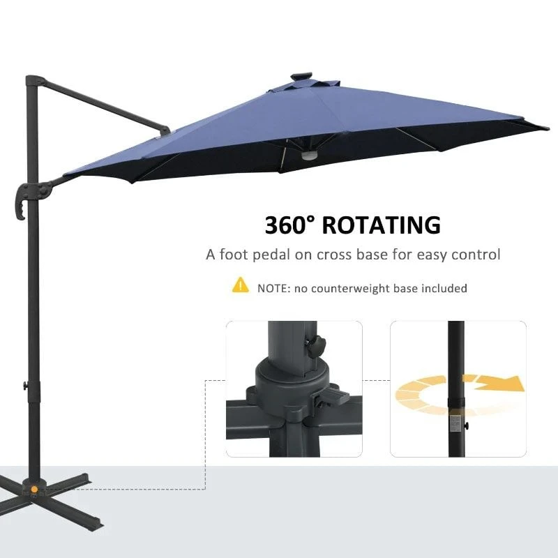 Outsunny 3m LED Cantilever Parasol With Base And Solar Lights - Blue - 84D-104NU - Image 6