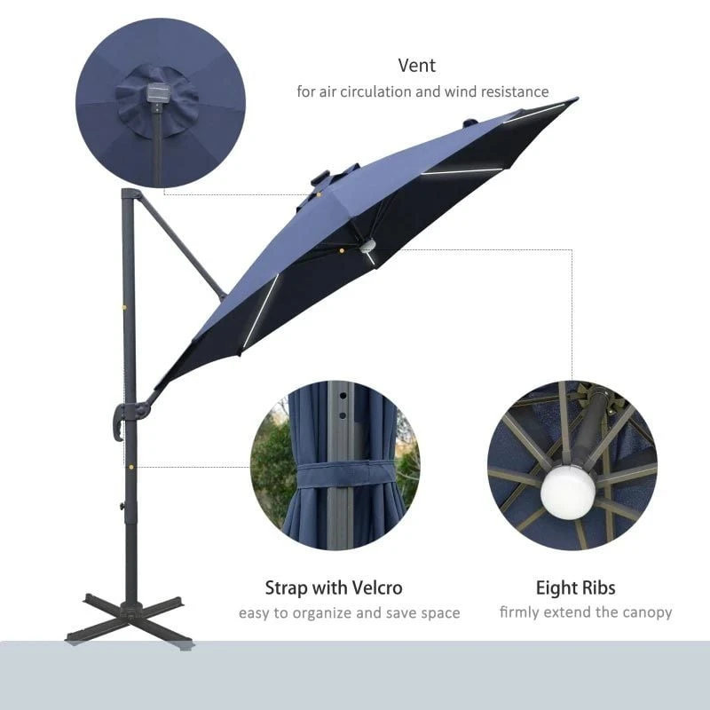 Outsunny 3m LED Cantilever Parasol With Base And Solar Lights - Blue - 84D-104NU - Image 5