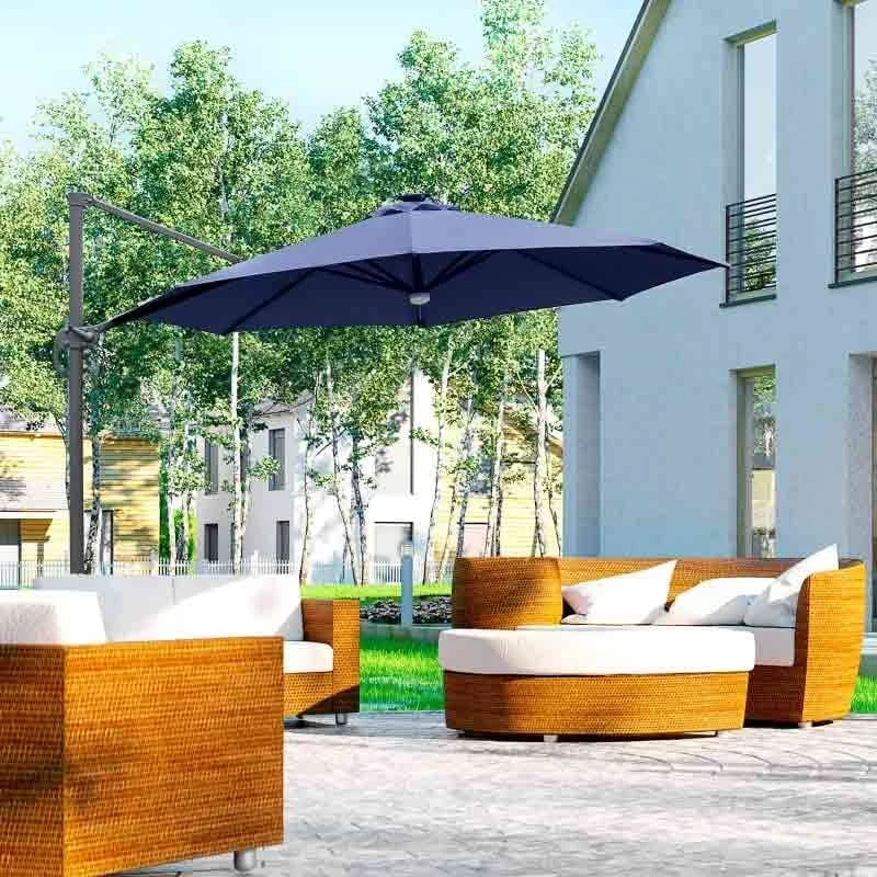 Outsunny 3m LED Cantilever Parasol With Base And Solar Lights - Blue - 84D-104NU - Image 4