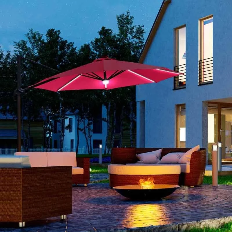 Outsunny 3m LED Cantilever Parasol With Base Solar Lights - Red - 84D-104WR - Image 10