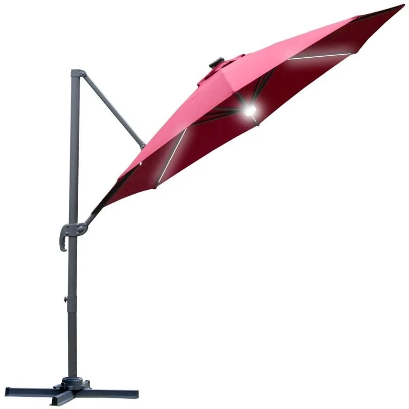 Outsunny 3m LED Cantilever Parasol With Base Solar Lights - Red - 84D-104WR - Image 2