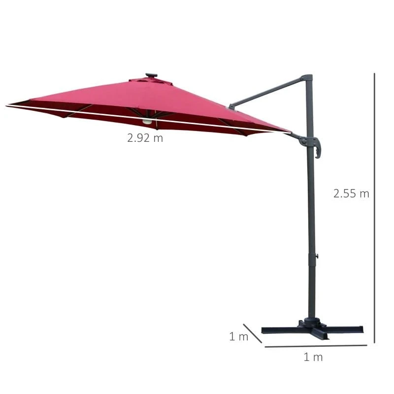 Outsunny 3m LED Cantilever Parasol With Base Solar Lights - Red - 84D-104WR - Image 9