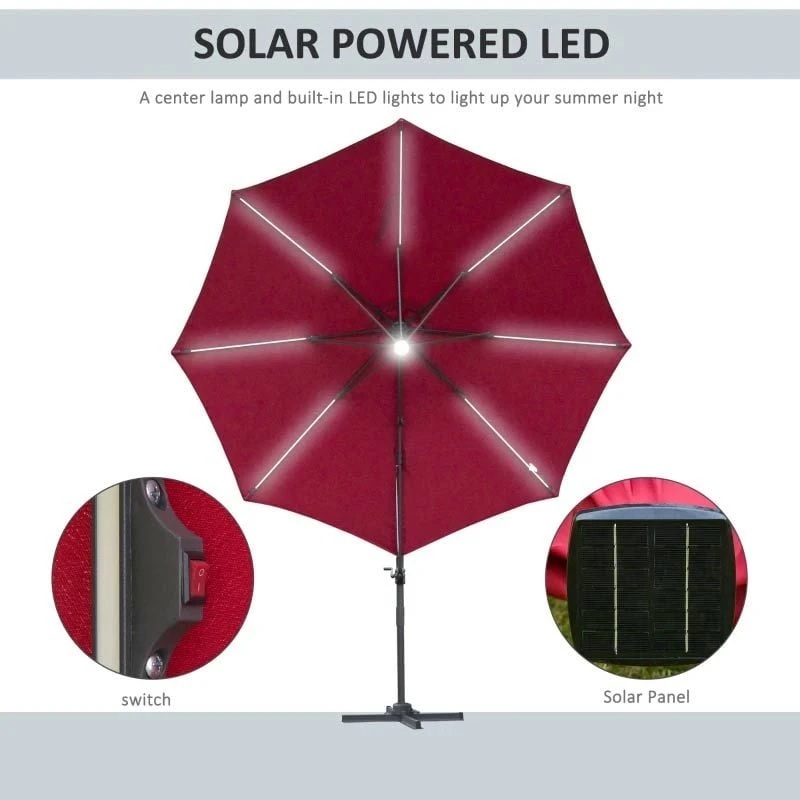 Outsunny 3m LED Cantilever Parasol With Base Solar Lights - Red - 84D-104WR - Image 8