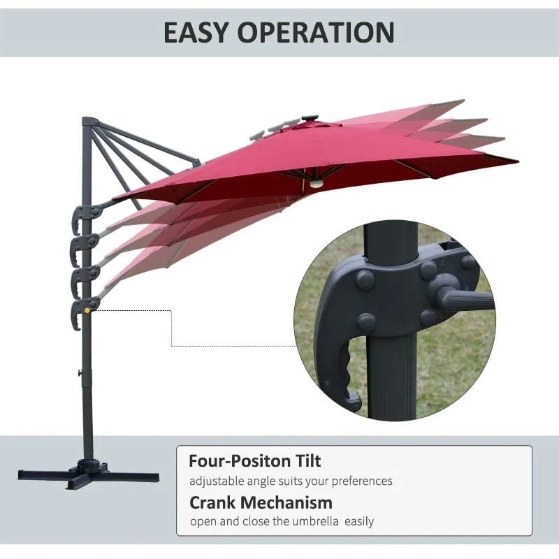 Outsunny 3m LED Cantilever Parasol With Base Solar Lights - Red - 84D-104WR - Image 7