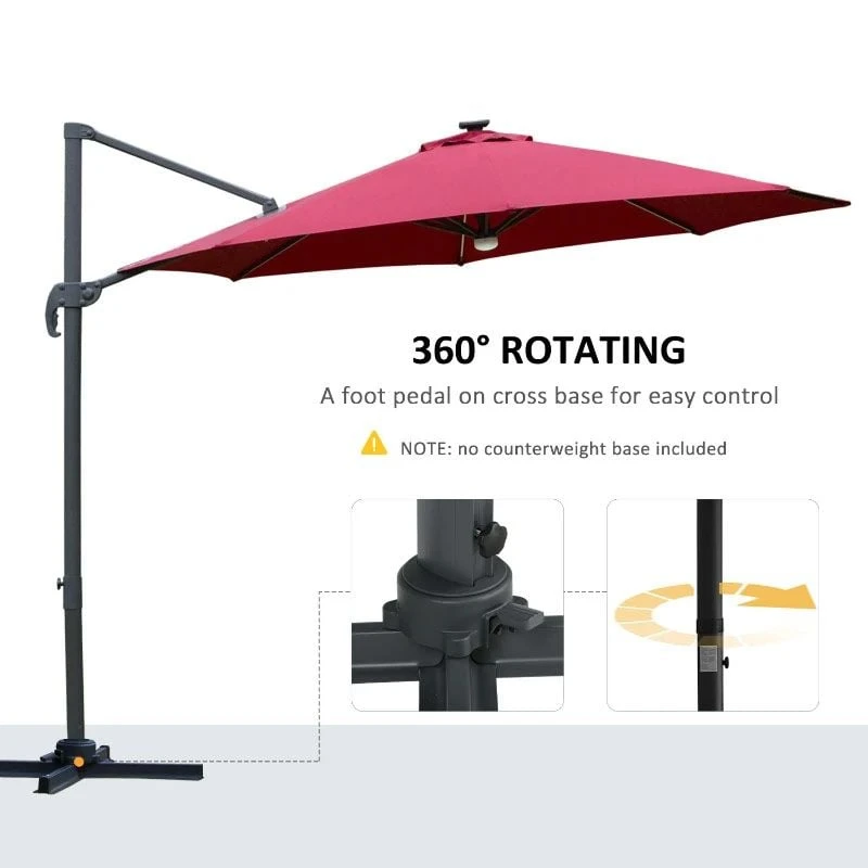 Outsunny 3m LED Cantilever Parasol With Base Solar Lights - Red - 84D-104WR - Image 6