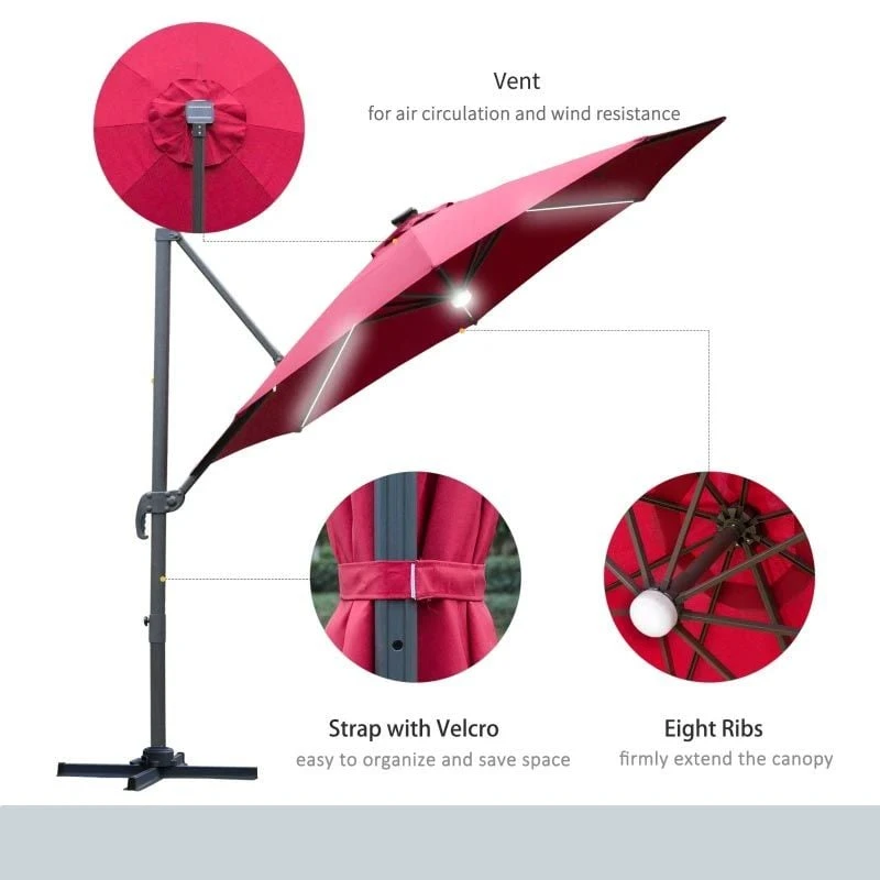 Outsunny 3m LED Cantilever Parasol With Base Solar Lights - Red - 84D-104WR - Image 5