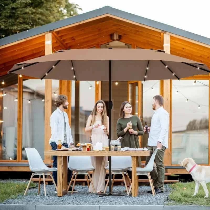 Outsunny 4.4m Double-Sided Parasol LED Solar Lights - Beige - 84D-106CF - Image 10