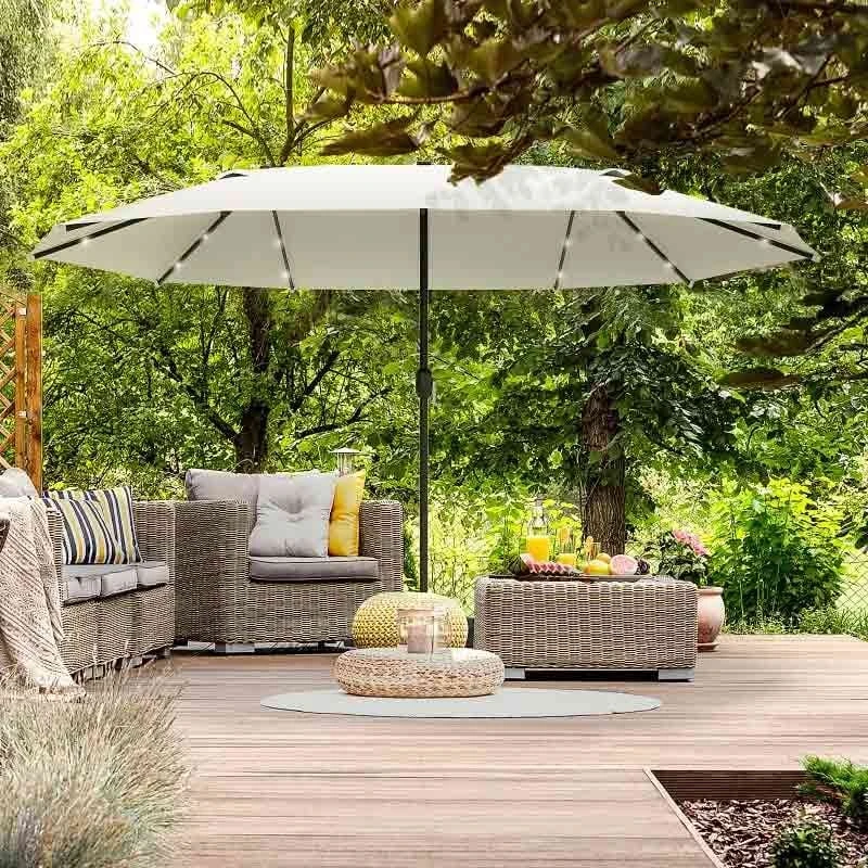 Outsunny 4.4m Double-Sided Sun Parasol LED Solar Lights - Cream White - 84D-106CW