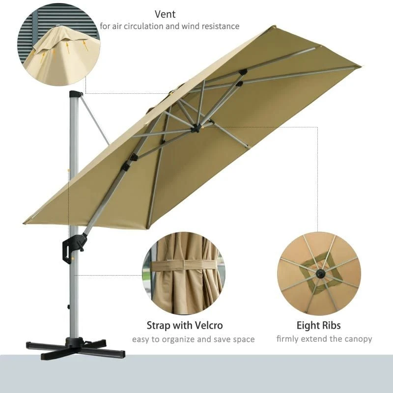 Outsunny 3 X 3m Cantilever Roma Parasol 360° Rotating With Cross Base - Beige - 84D-115 - Image 9