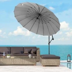 Outsunny 3m Cantilever Umbrella 18 Ribs & Vents Adjustable Angle - Light Grey - 84D-118GY