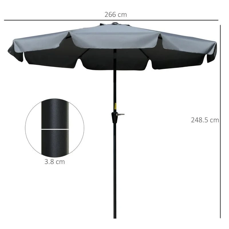Outsunny 2.66m Patio Parasol With 8 Sturdy Ribs - Charcoal Grey - 84D-157CG - Image 9