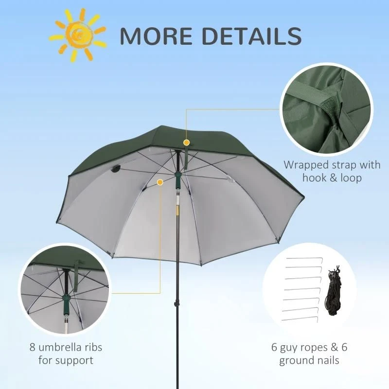 Outsunny 2m Fishing Beach Parasol With Sides And Push Button Tilt & Carry Bag - Green - 84D-173GN - Image 5