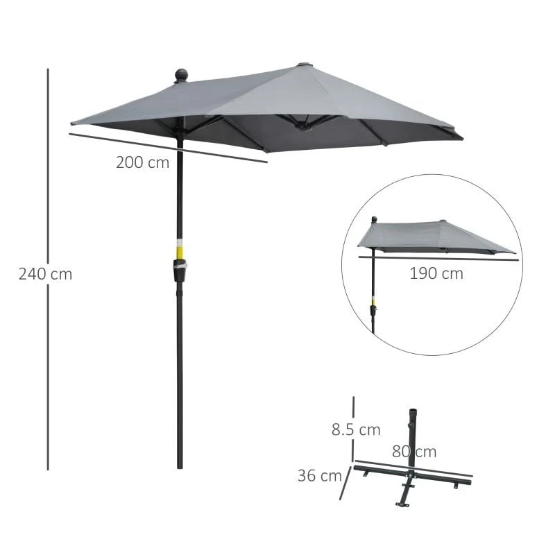 Outsunny 2m Half Balcony Parasol With Crank Handle & Base - Dark Grey - 84D-175CG - Image 10