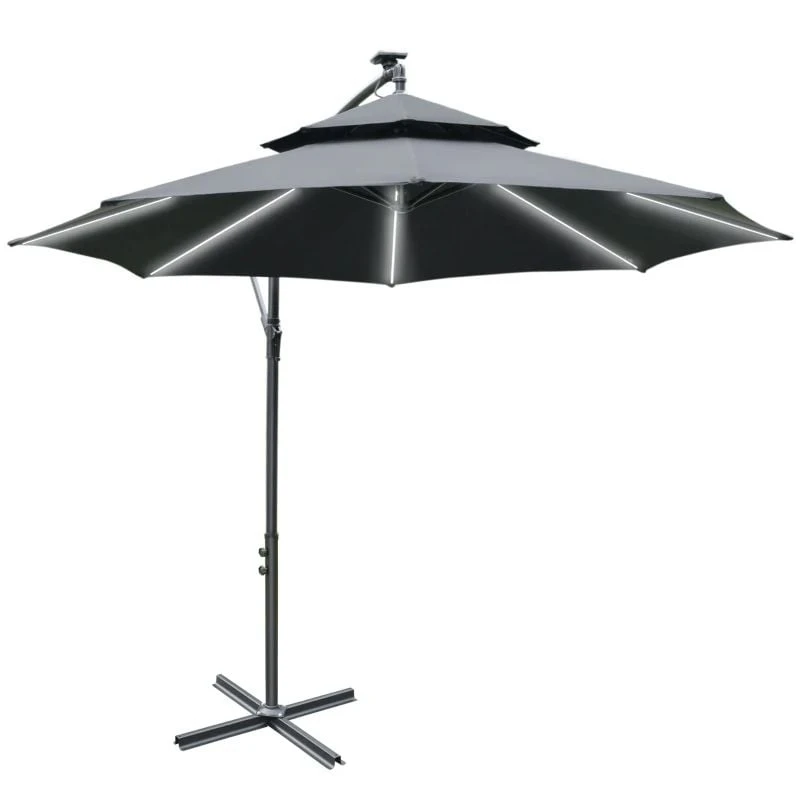 Outsunny 3m Cantilever Banana Parasol Hanging Umbrella With LED Solar Lights, Crank, 8 Sturdy Ribs And Cross Base - Black - 84D-180BK - Image 2
