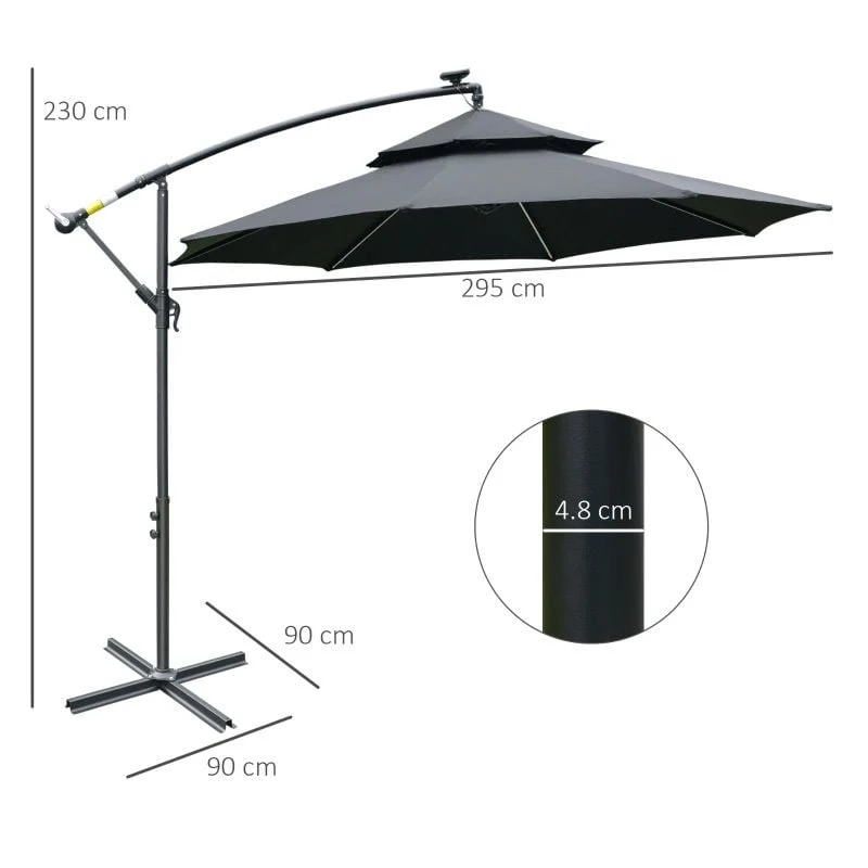 Outsunny 3m Cantilever Banana Parasol Hanging Umbrella With LED Solar Lights, Crank, 8 Sturdy Ribs And Cross Base - Black - 84D-180BK - Image 10