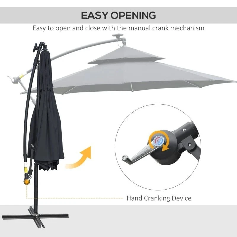 Outsunny 3m Cantilever Banana Parasol Hanging Umbrella With LED Solar Lights, Crank, 8 Sturdy Ribs And Cross Base - Black - 84D-180BK - Image 8