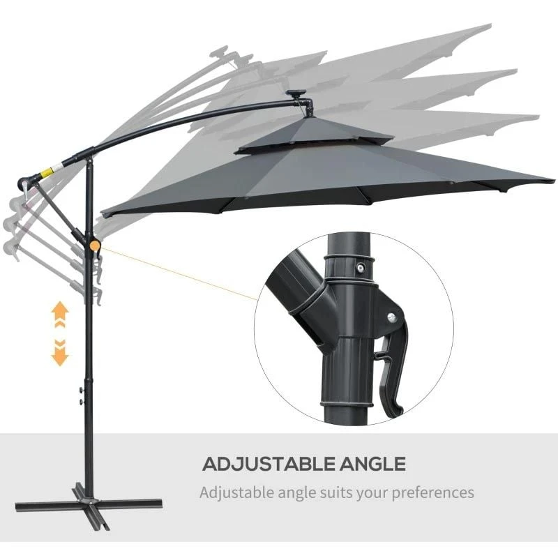 Outsunny 3m Cantilever Banana Parasol Hanging Umbrella With LED Solar Lights, Crank, 8 Sturdy Ribs And Cross Base - Black - 84D-180BK - Image 7