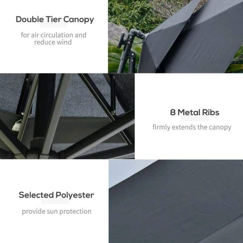 Outsunny 3m Cantilever Banana Parasol Hanging Umbrella With LED Solar Lights, Crank, 8 Sturdy Ribs And Cross Base - Black - 84D-180BK - Image 6