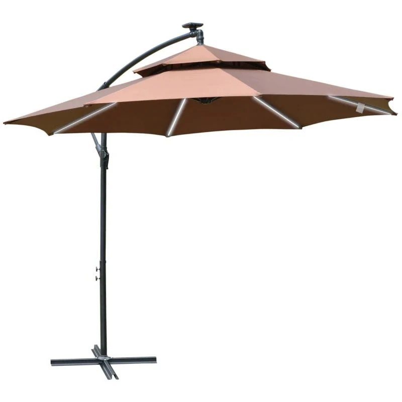 Outsunny 3m Cantilever Banana Parasol With LED Solar Lights, Crank, 8 Sturdy Ribs And Cross Base - Coffee - 84D-180CF - Image 2
