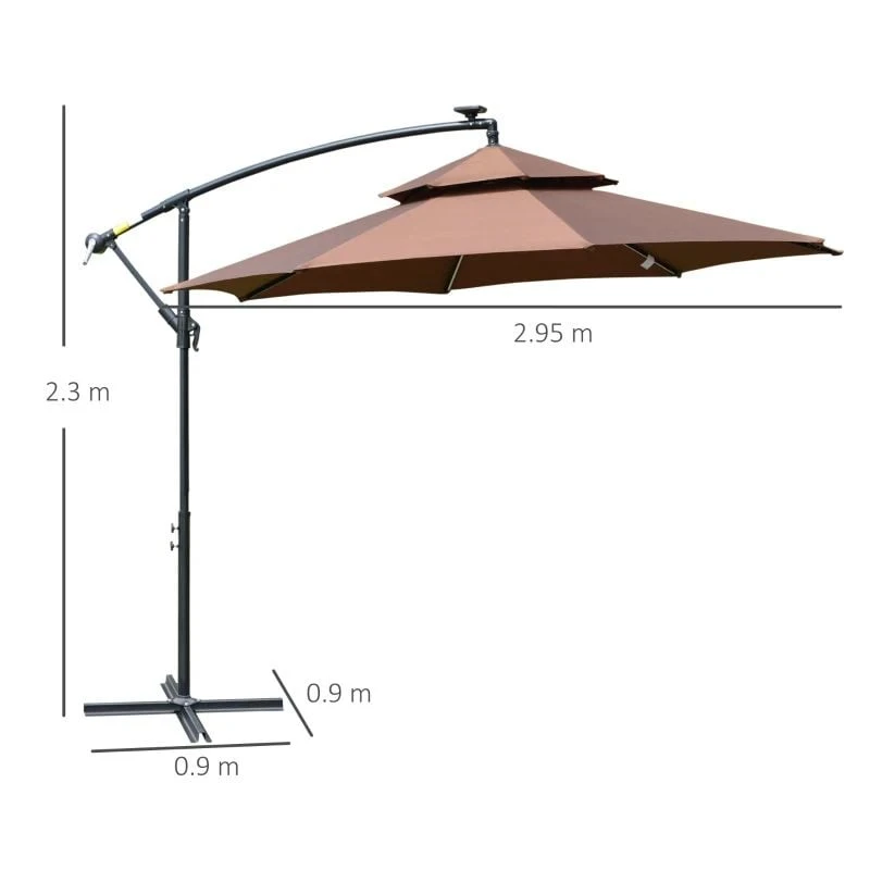 Outsunny 3m Cantilever Banana Parasol With LED Solar Lights, Crank, 8 Sturdy Ribs And Cross Base - Coffee - 84D-180CF - Image 10