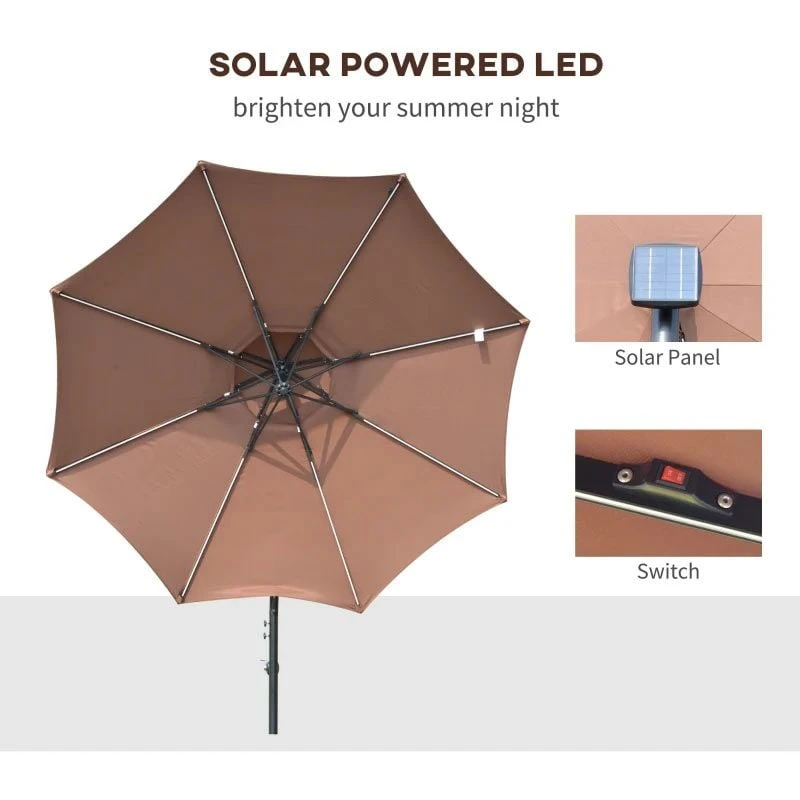Outsunny 3m Cantilever Banana Parasol With LED Solar Lights, Crank, 8 Sturdy Ribs And Cross Base - Coffee - 84D-180CF - Image 9