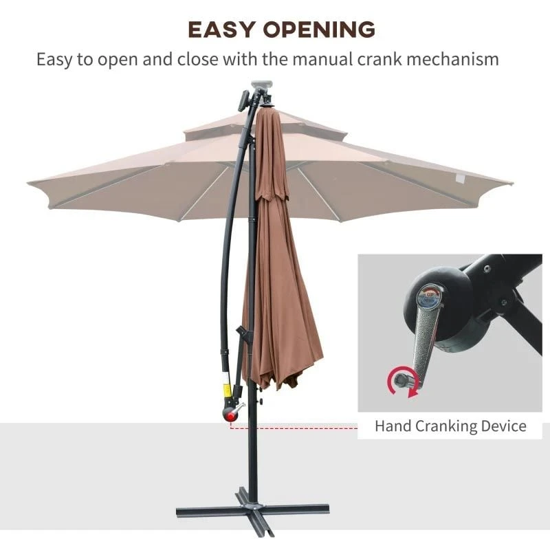 Outsunny 3m Cantilever Banana Parasol With LED Solar Lights, Crank, 8 Sturdy Ribs And Cross Base - Coffee - 84D-180CF - Image 8