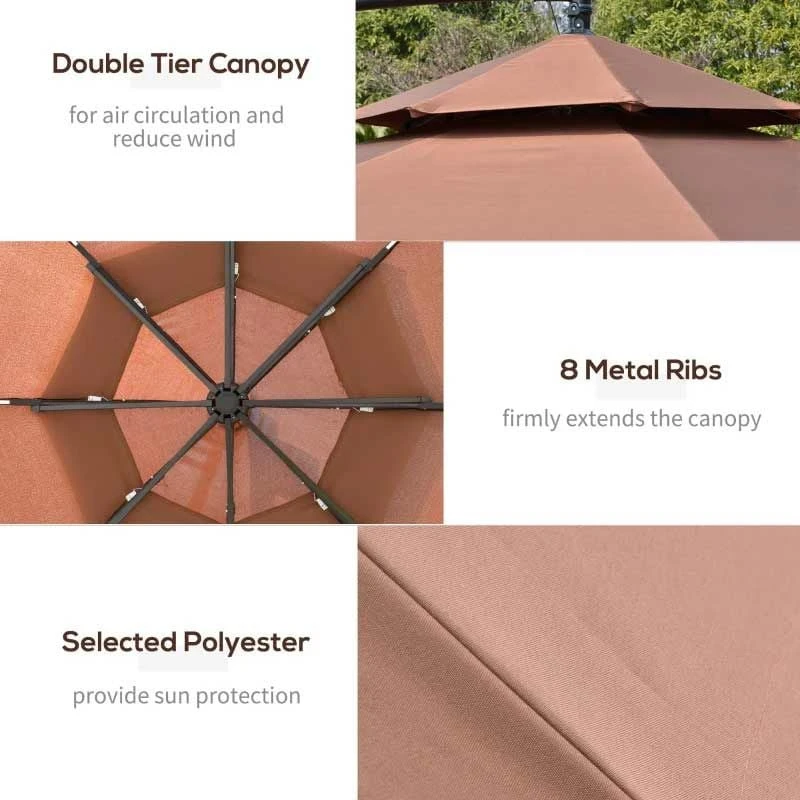 Outsunny 3m Cantilever Banana Parasol With LED Solar Lights, Crank, 8 Sturdy Ribs And Cross Base - Coffee - 84D-180CF - Image 6