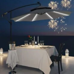 Outsunny 3m Cantilever Banana Parasol Hanging Umbrella With LED Solar Lights, Crank, 8 Sturdy Ribs And Cross Base - Grey - 84D-180GY