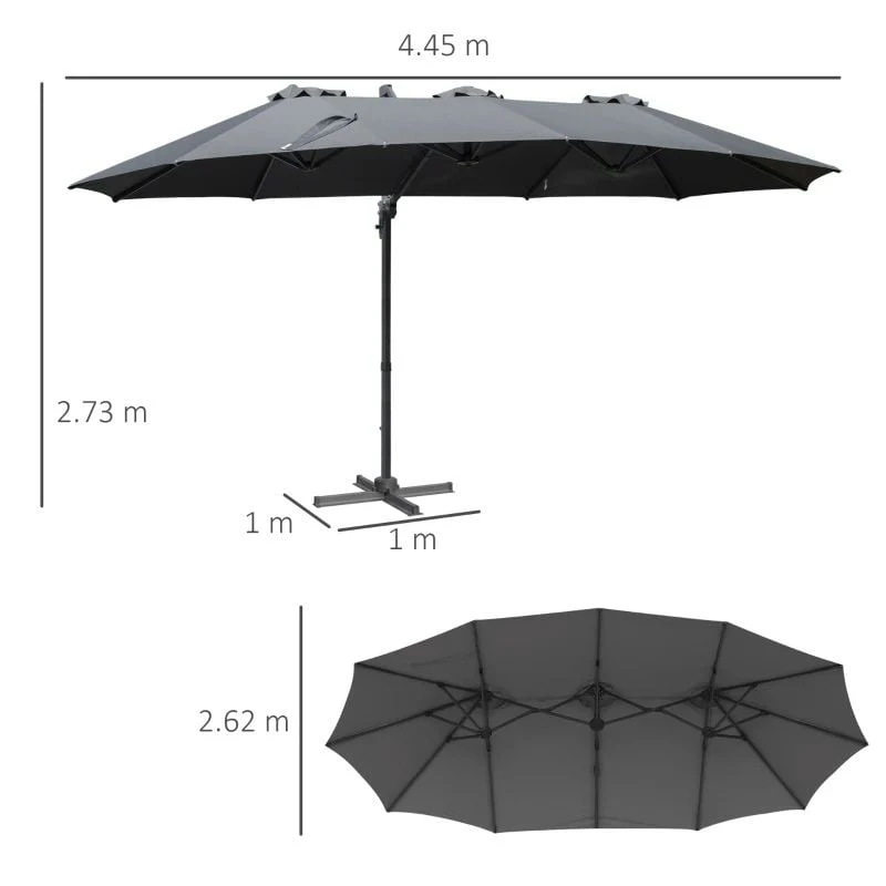 Outsunny 4.5m Large Double-Sided Rectangular Parasol With Crank Handle 360° Cross Base - Grey - 84D-183CG - Image 9