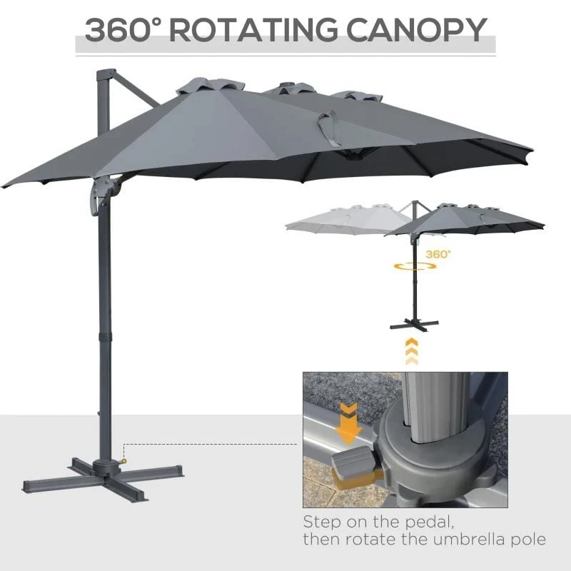 Outsunny 4.5m Large Double-Sided Rectangular Parasol With Crank Handle 360° Cross Base - Grey - 84D-183CG - Image 8