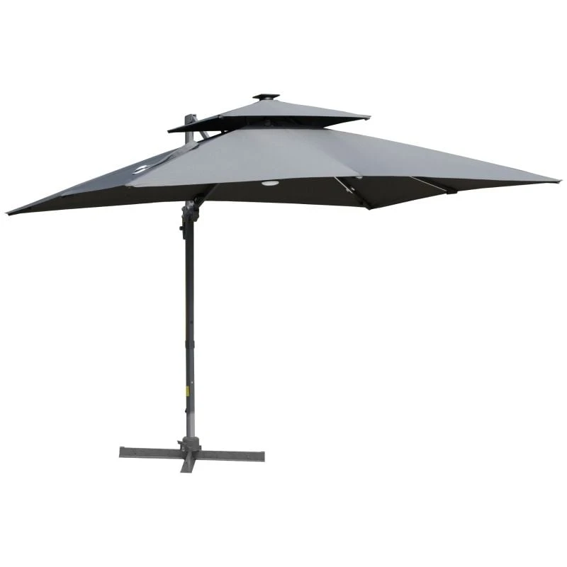 Outsunny 3m Cantilever Parasol Solar LED Lighted Hanging Canopy With Tilt And Crank Handle And Cross Base - Grey - 84D-184CG - Image 2