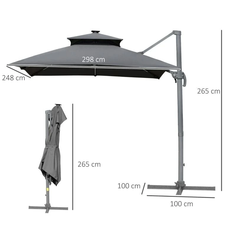 Outsunny 3m Cantilever Parasol Solar LED Lighted Hanging Canopy With Tilt And Crank Handle And Cross Base - Grey - 84D-184CG - Image 10