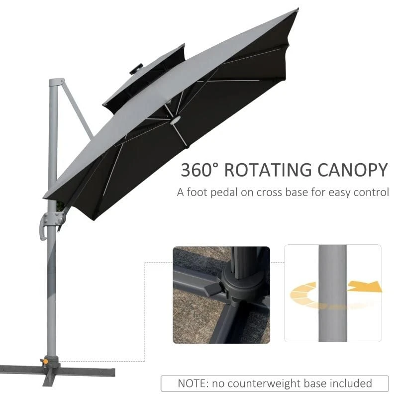 Outsunny 3m Cantilever Parasol Solar LED Lighted Hanging Canopy With Tilt And Crank Handle And Cross Base - Grey - 84D-184CG - Image 9