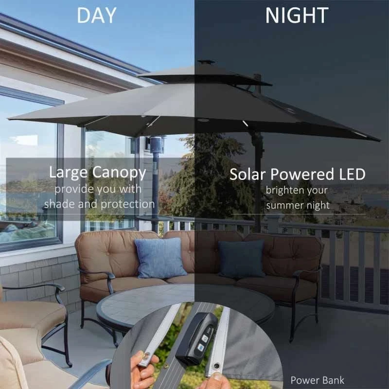 Outsunny 3m Cantilever Parasol Solar LED Lighted Hanging Canopy With Tilt And Crank Handle And Cross Base - Grey - 84D-184CG - Image 6