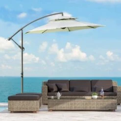 Outsunny 2.7m Banana Cantilever Parasol With Crank Handle And Cross Base - Beige - 84D-187BG