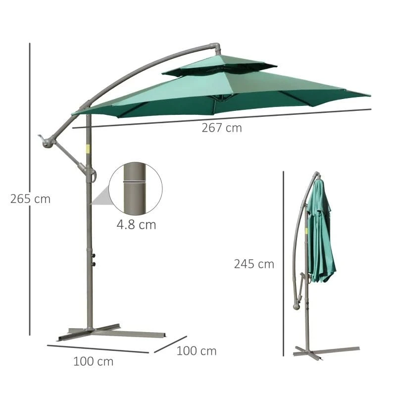 Outsunny 2.7m Banana Cantilever Parasol With Crank Handle And Cross Base - Green - 84D-187GN - Image 10